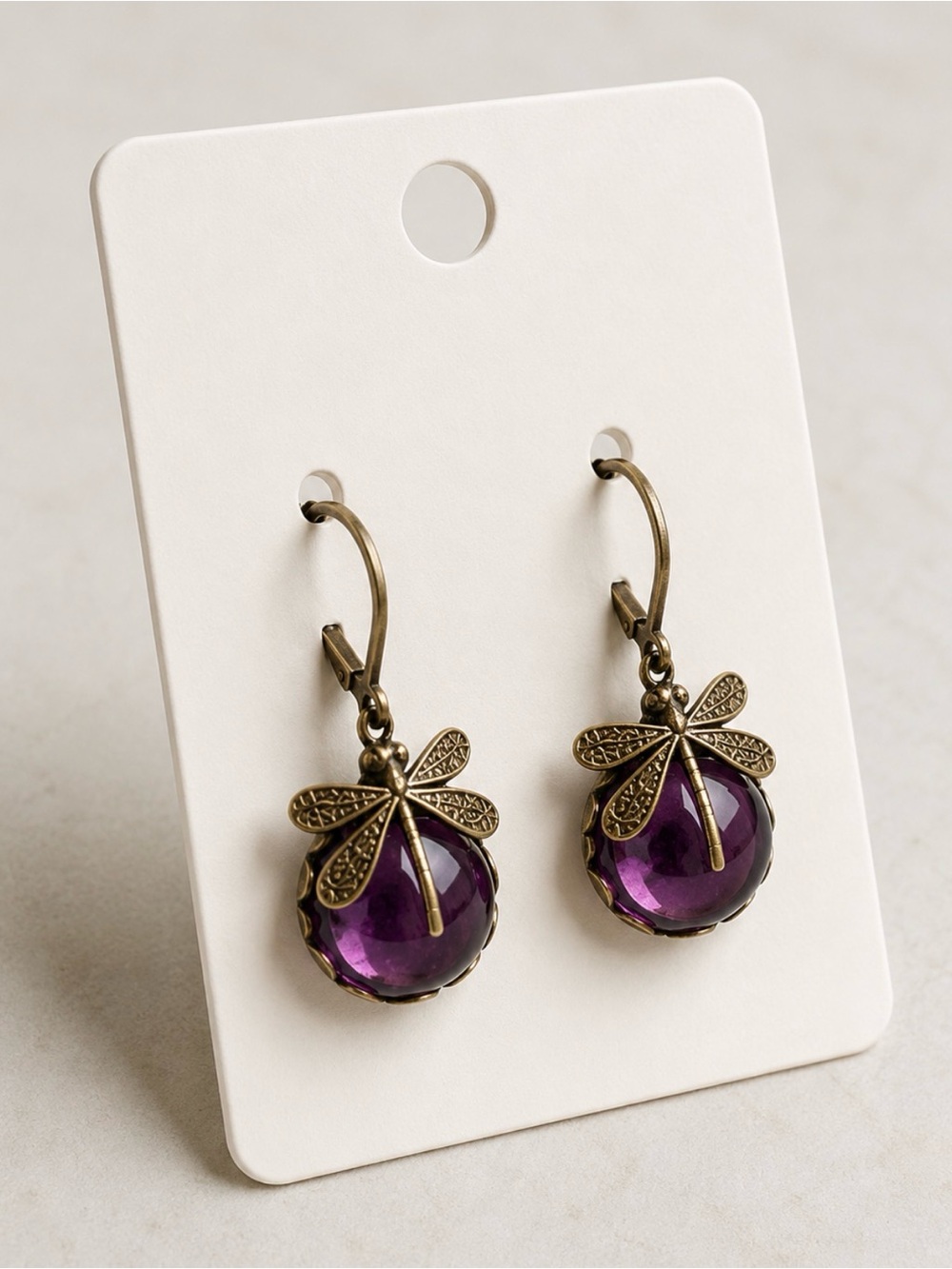 Vintage Brass Dragonfly Drop Earrings with Purple Gem